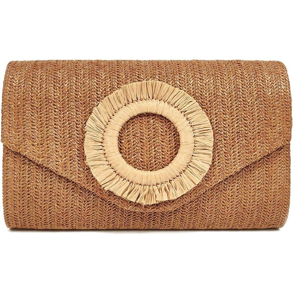 Women's Tan Summer Woven Beach Bag Envelope Evening Handbags Straw Clutch